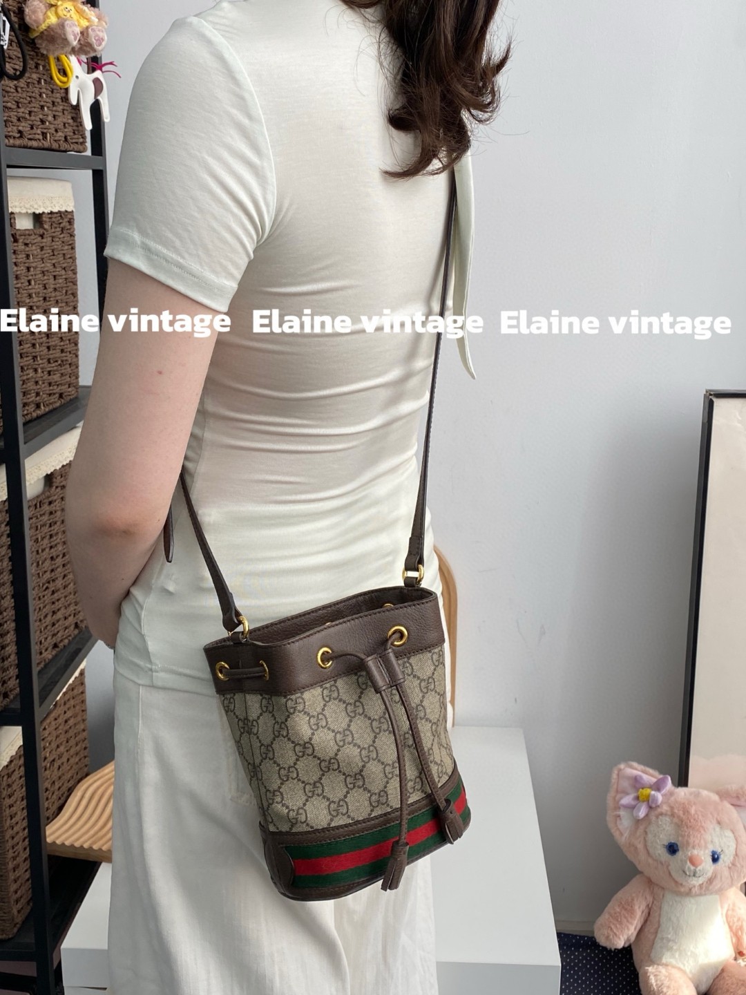 99新 GUCCI/古驰 棕拼乌木色双G红绿织带流苏抽绳水桶包15(大全套