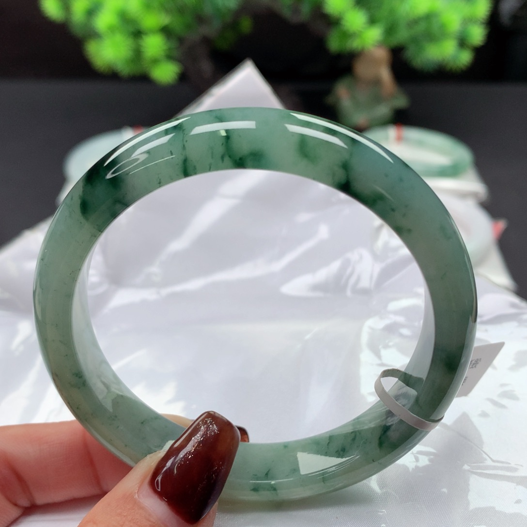 翡翠手镯未镶嵌 正圈59 水墨丹青 特色洋气