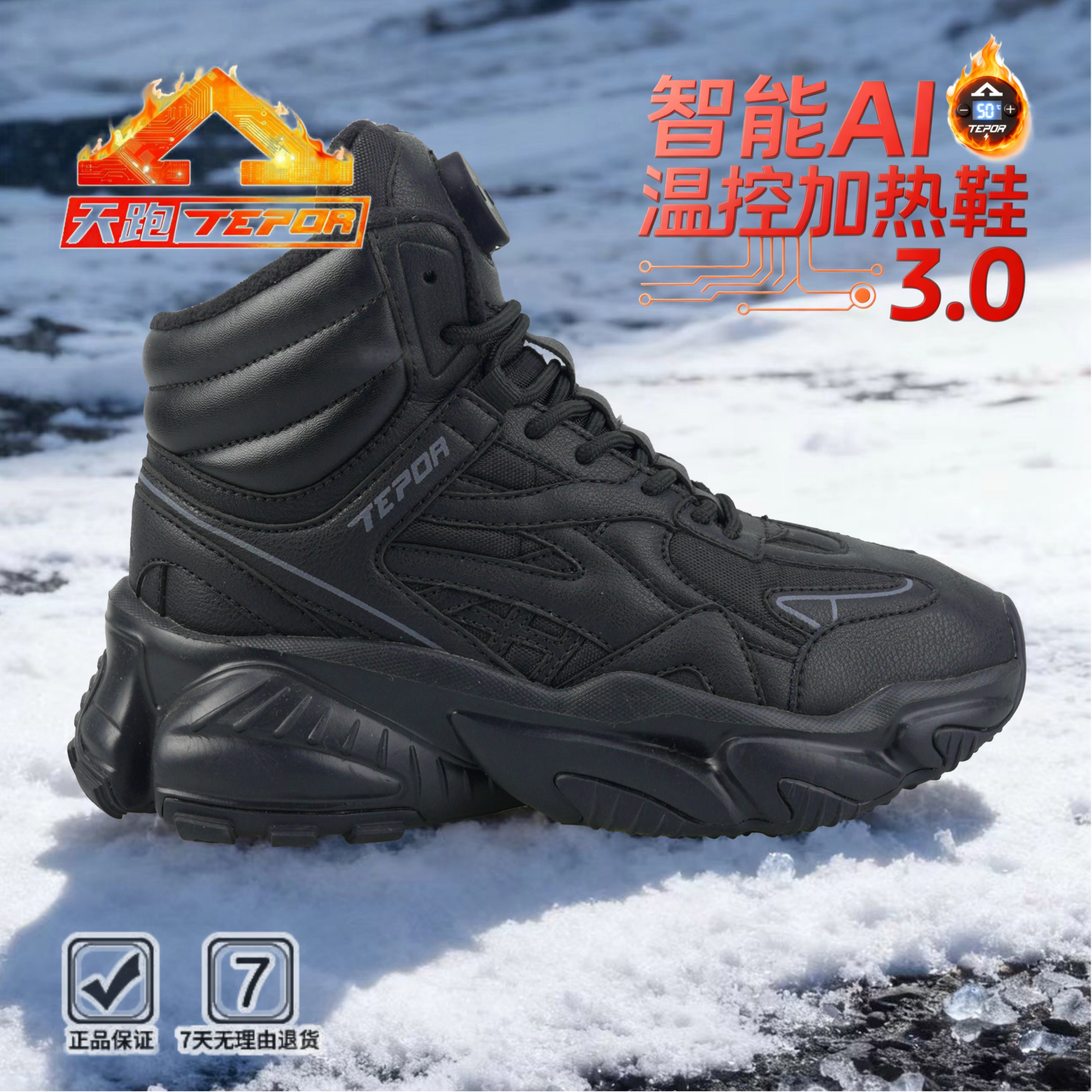 【加绒加厚】老爹鞋天跑充电鞋加热鞋情侣秋冬款保暖高帮加绒男鞋黑