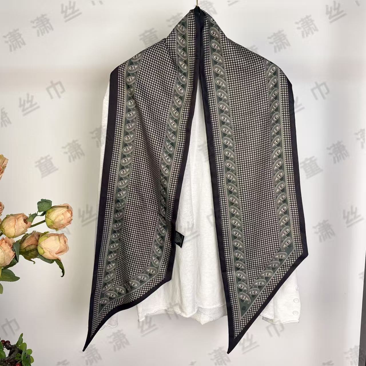 （千鸟格腰果）斜角飘带20*145左右长条巾