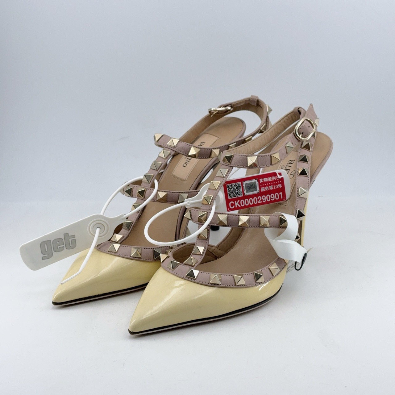 95新 Valentino/华伦天奴 35.5码/黄色铆钉高跟凉鞋