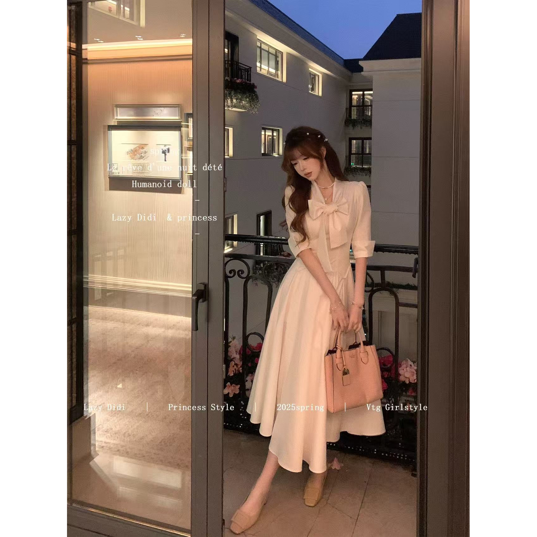 小说女主 日常通勤收腰鱼尾衬衫裙蝴蝶结系带千金连衣裙