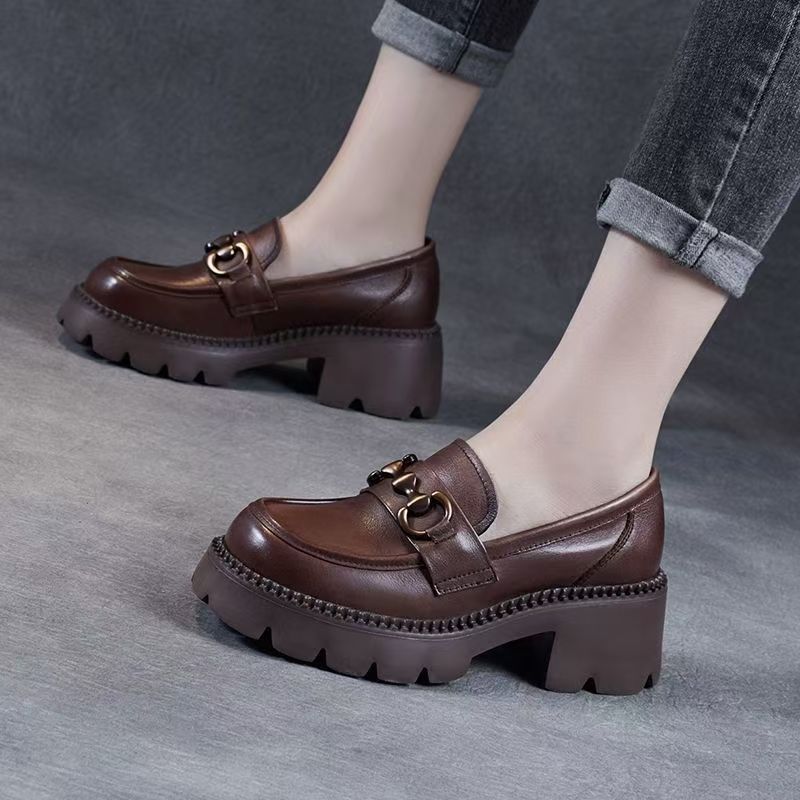 [品牌补贴]防滑圆头粗跟防水台常规乐福鞋百搭黑色英伦风