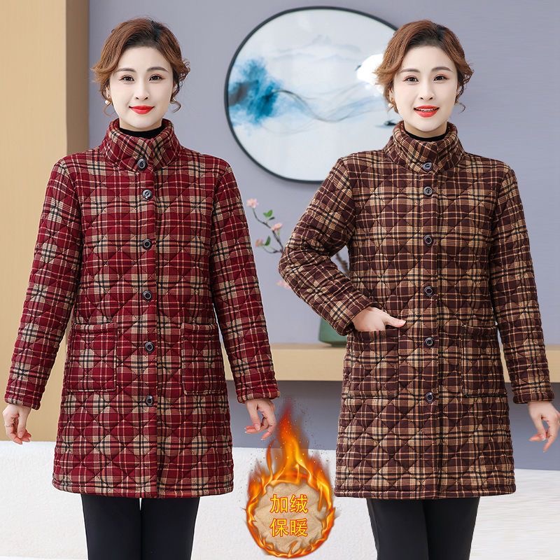 冬季大码棉服保暖加绒加厚新款立领棉衣中长款外套格子棉袄7338