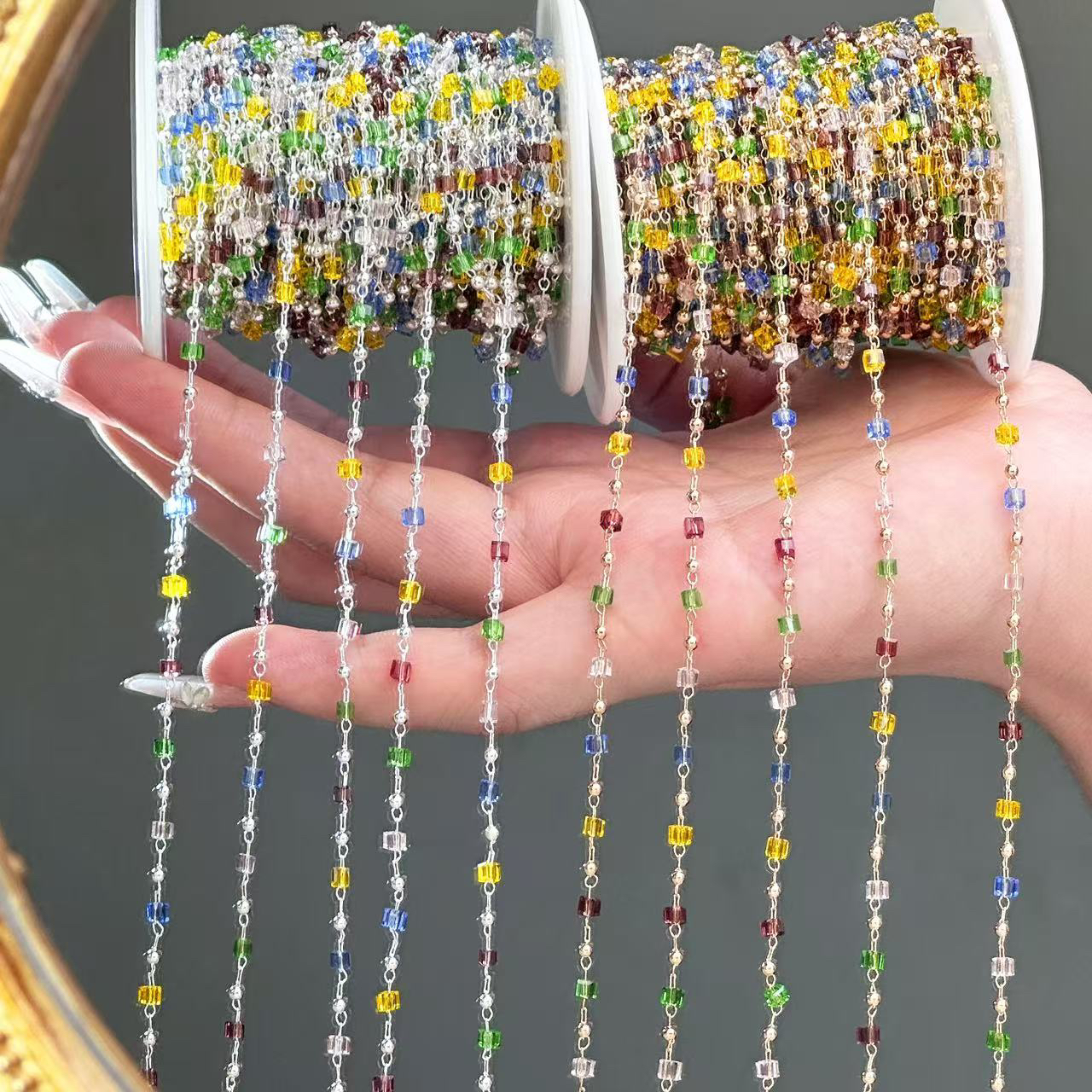 编号408 ins风彩色水晶碎石链条方形圆珠流苏链