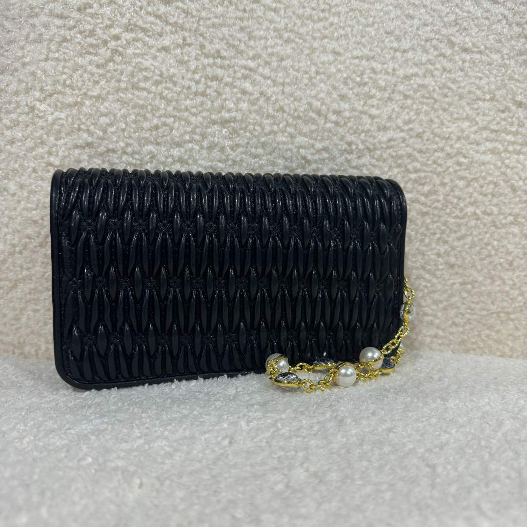 Laugh Queen手工打造真皮女士包时尚黑色珍珠链条褶皱0203