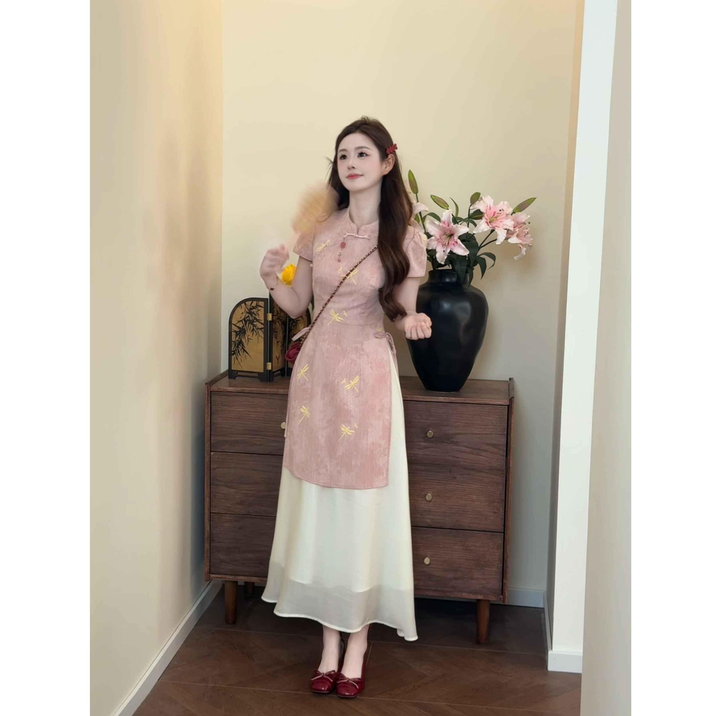 七七很芒【小蜻蜓】新中式蜻蜓印花假两件旗袍连衣裙显瘦XMZH7615