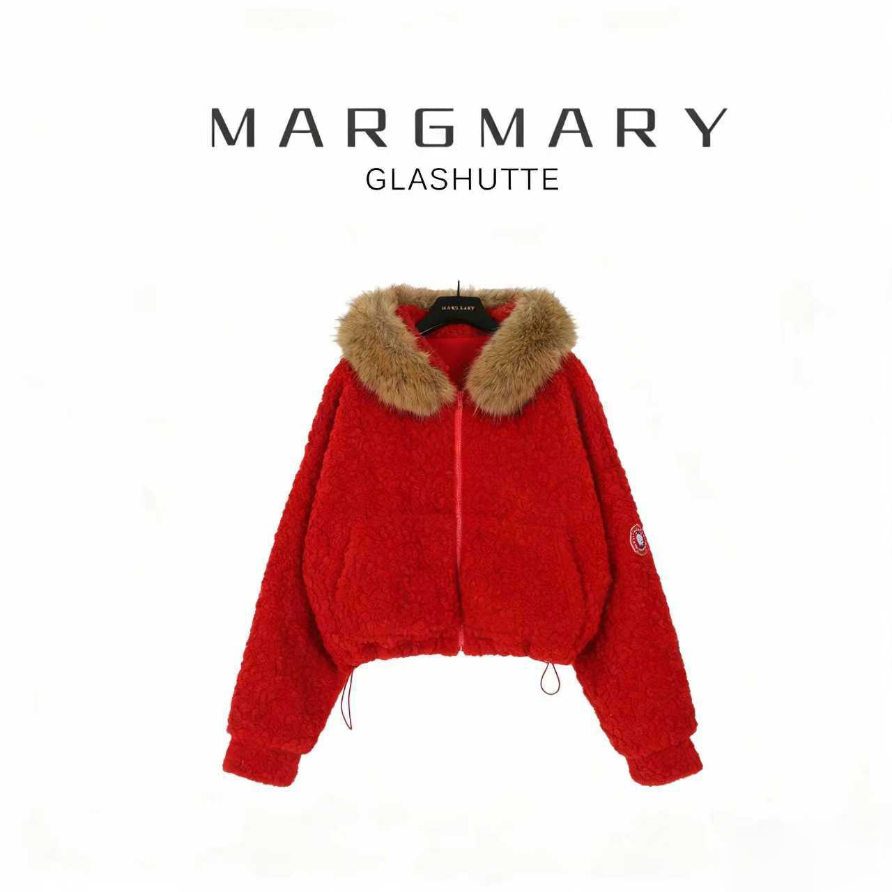 2025冬季设计师新款休闲时尚百搭红色颗粒绒大毛领厚款连帽外套