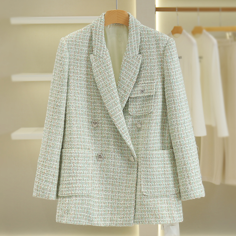 【伍莎-自营】时尚格子宽松双排扣西装领外套#VZA38W045