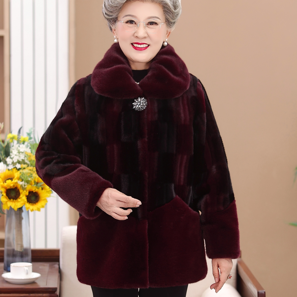 中老年人冬装女奶奶高档仿皮草外套妈妈北欧貂绒大衣棉服过年衣服