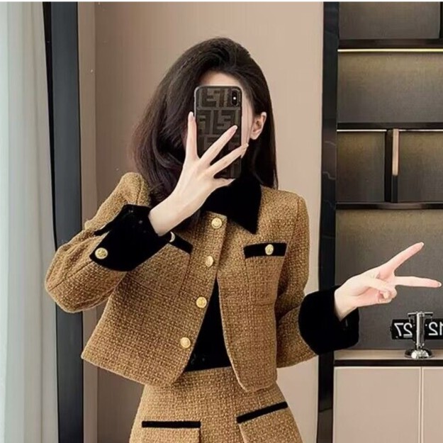 2025秋冬加棉法式百搭气质小个子感粗花呢小香风撞色显瘦短外套