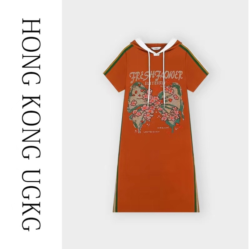 香港UG&KG-橙色蝴蝶宽松显瘦烫钻连衣裙-73232SL003