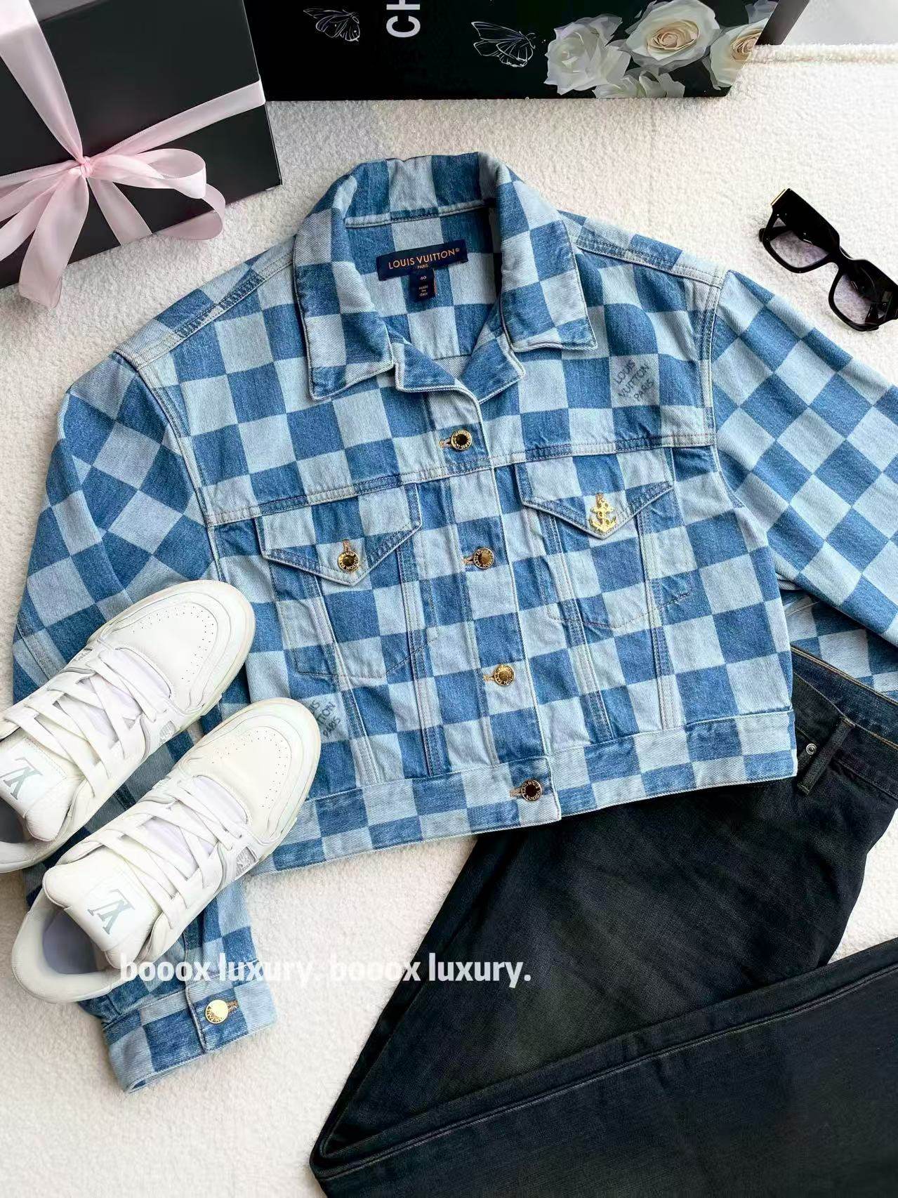 未使用 LouisVuitton/路易威登 bb1451棉 蓝色棋盘格外套 34码 