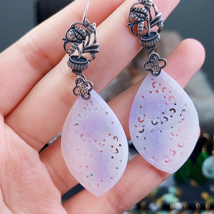 翡翠耳饰银S925镶嵌饰品