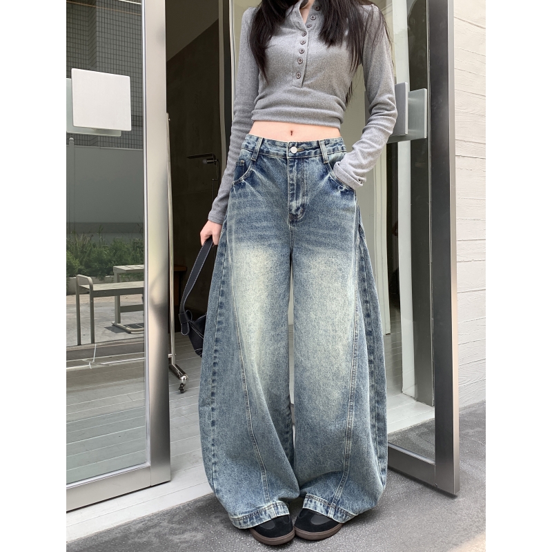 美式复古做旧蓝色牛仔裤女秋季新款高腰百搭显瘦宽松阔腿拖地长裤