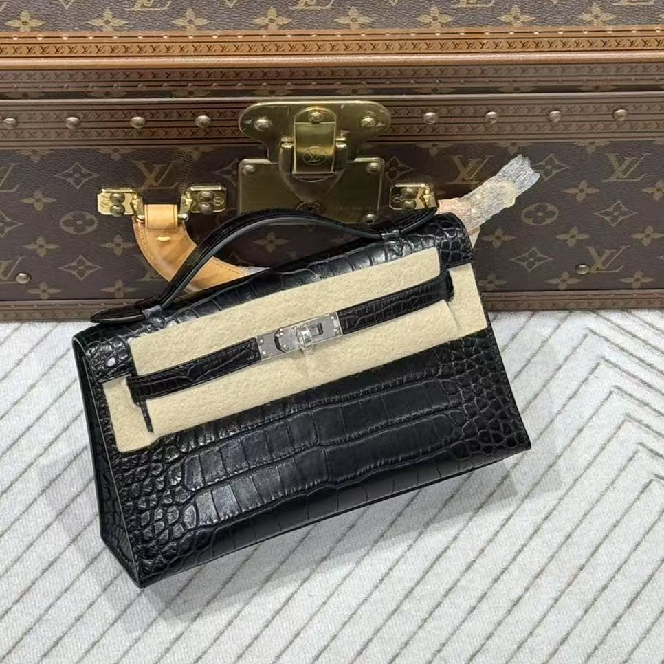 99新 Hermes/爱马仕 贝贝/爱马仕kelly一代包黑银雾面方块鳄W刻