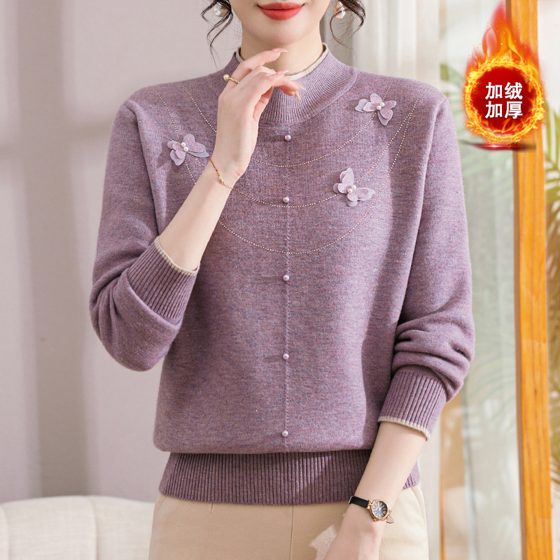 中老年女装秋冬宽松针织衫洋气毛衫加厚保暖半高领加绒气质毛衣