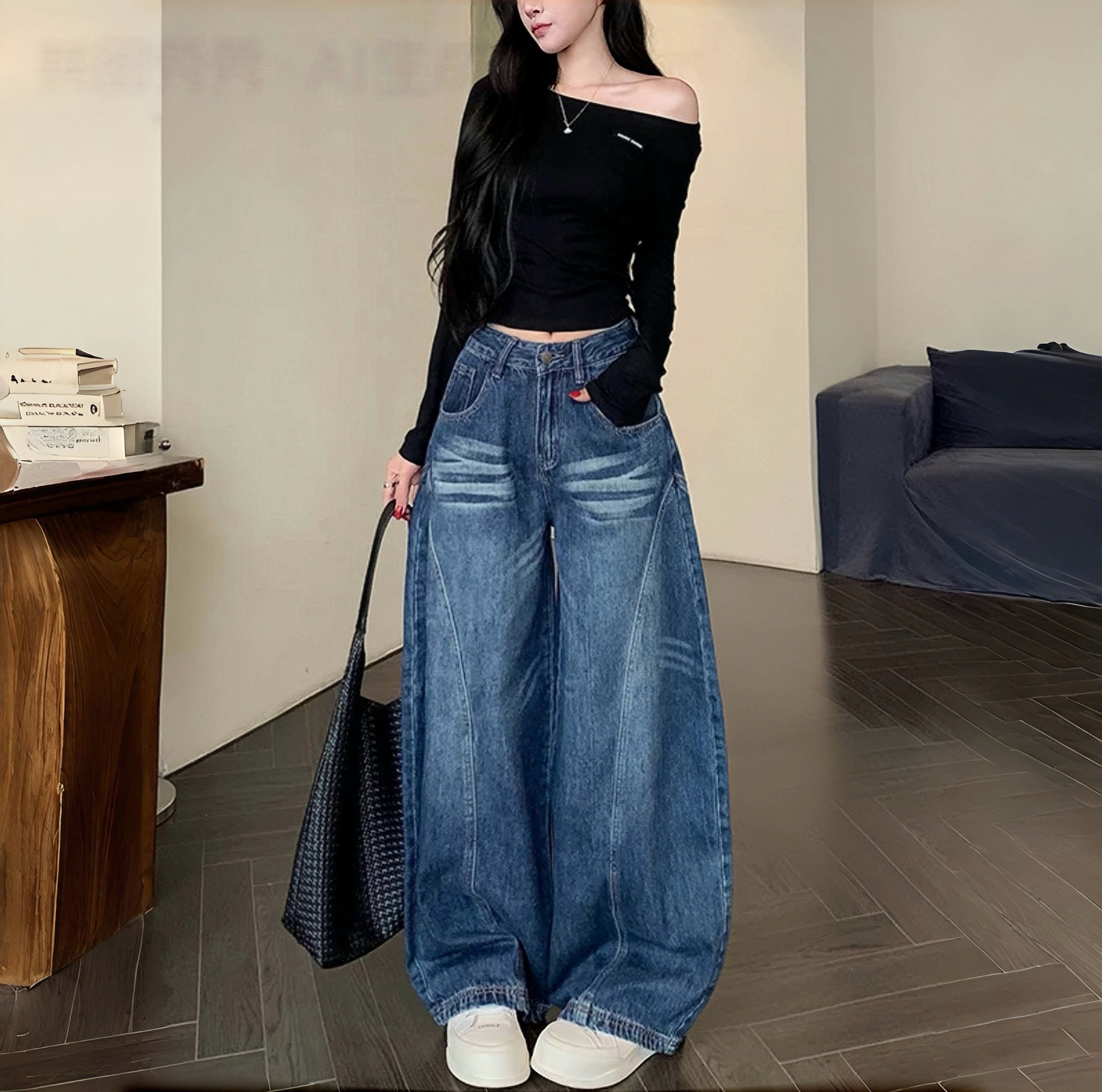 美式复古弯刀牛仔裤设计春秋季新款镰刀裤宽松显瘦直筒抖音双11