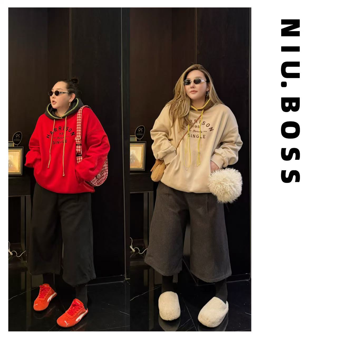 Three Ten. N大码270斤“复古高街”加绒撞色字母连帽卫衣