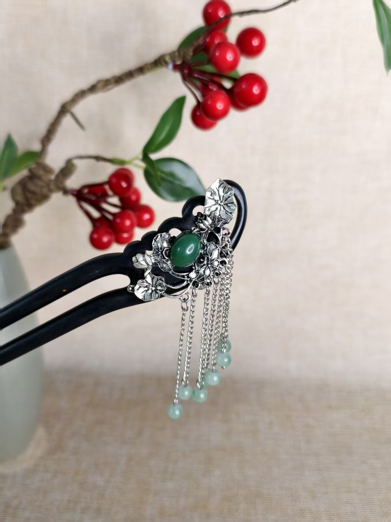 黑檀木发簪步摇中国风复古宫廷气质民族风15公分双钗荷塘月色发簪