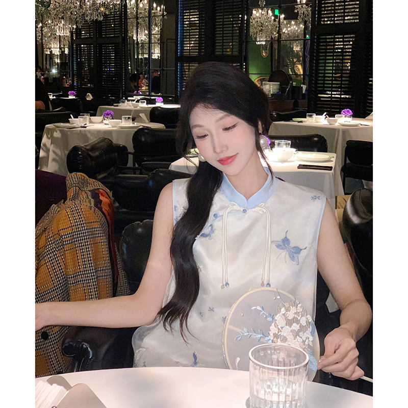 【晨曦专属】新中式国风宽松腰无袖短裙2025女装夏季刺绣斜襟连衣裙