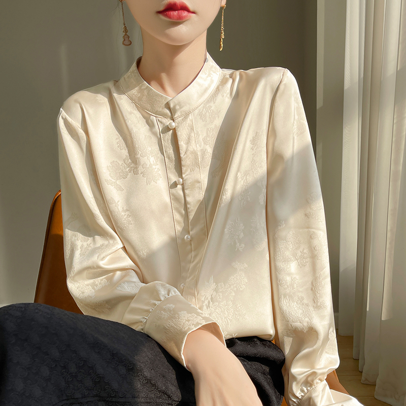 真丝提花衬衫女款立领高级感新中式衬衣国风减龄长袖显瘦外套上衣