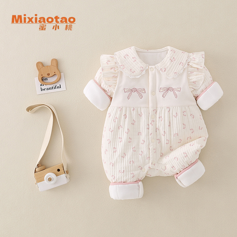 粉色蝴蝶结 薄棉夹棉保暖闭档连体哈衣宝宝婴碎花公主婴儿幼儿