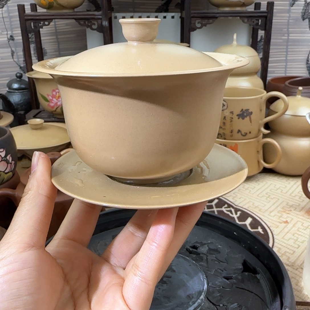 建水紫陶素器三才盖碗