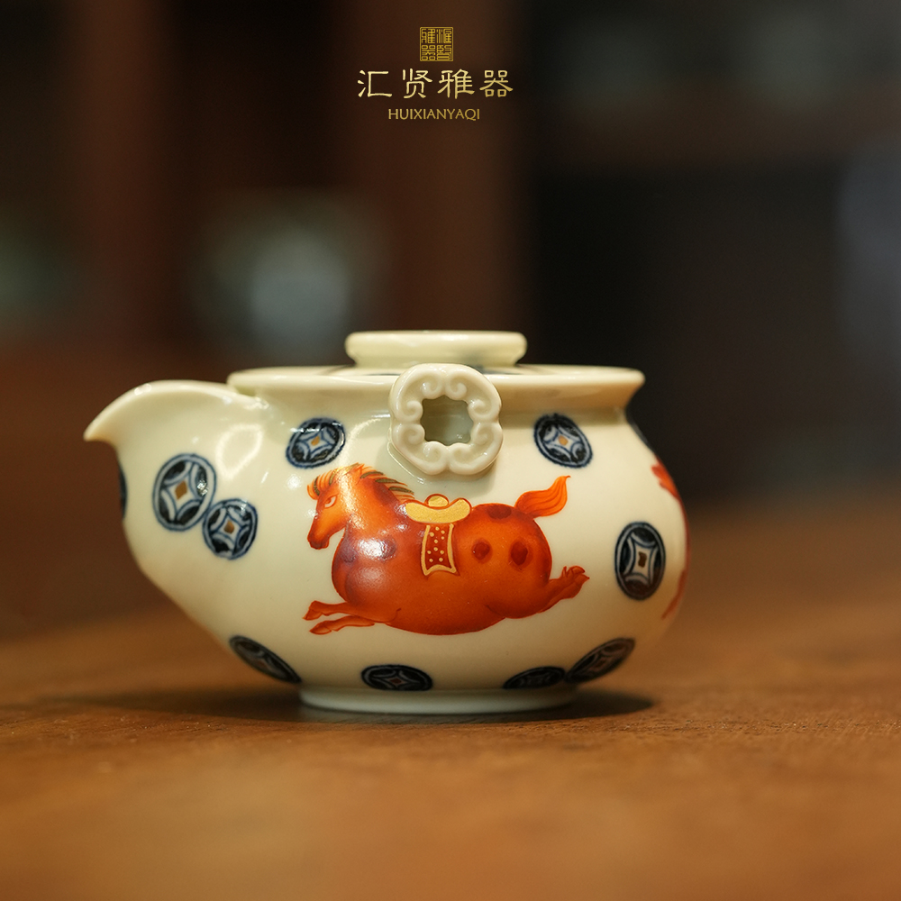 青花矾红描金马上发财宝瓶150cc手工纯手绘手抓壶茶壶茶器茶具