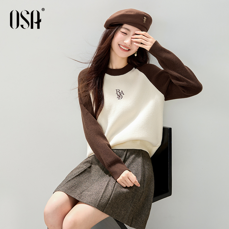 OSA/欧莎 撞色插肩袖圆领毛衣女软糯宽松显瘦针织衫S125D16013