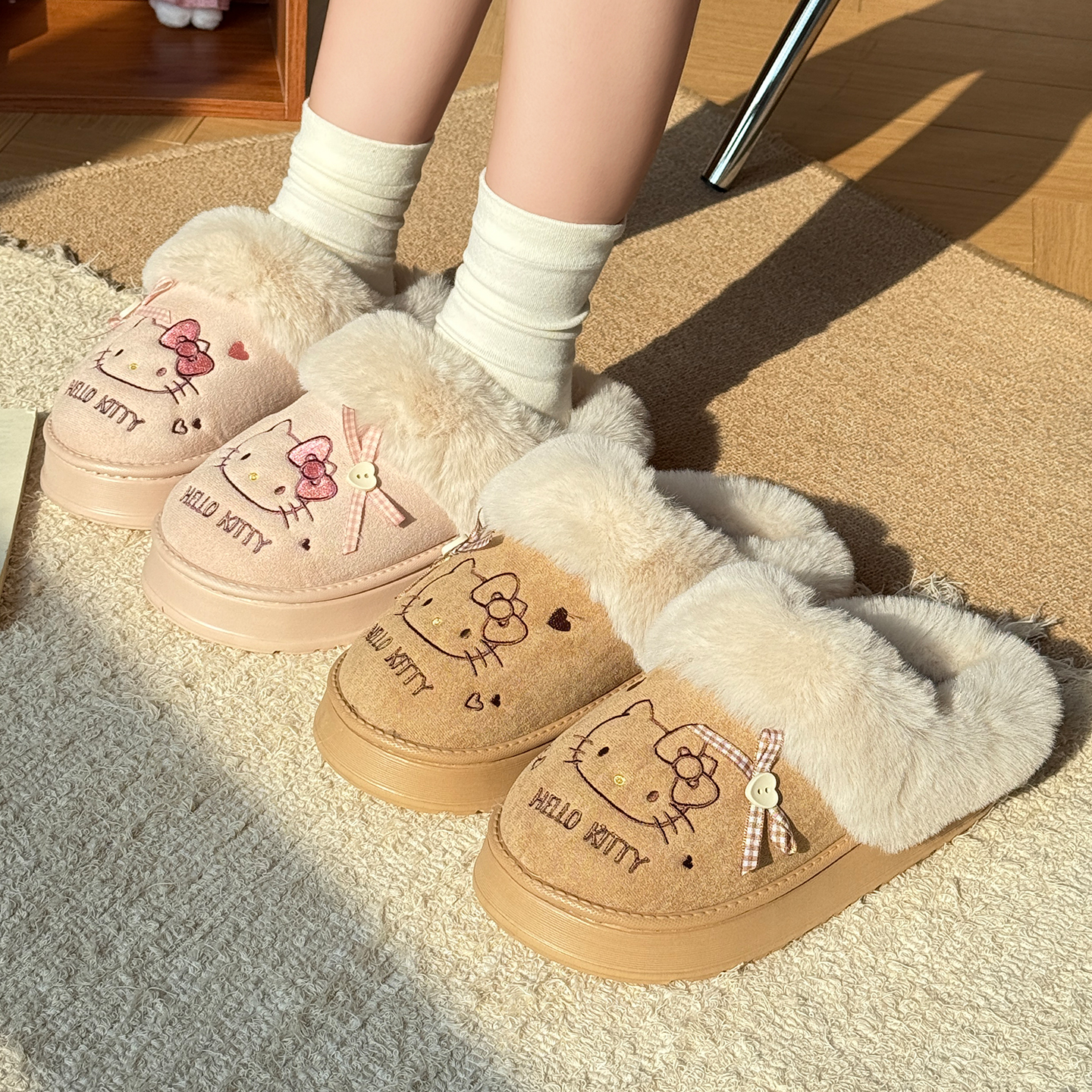 【kitty勃肯鞋】加绒舒适保暖厚底一脚蹬学生室内防滑保温棉拖鞋女