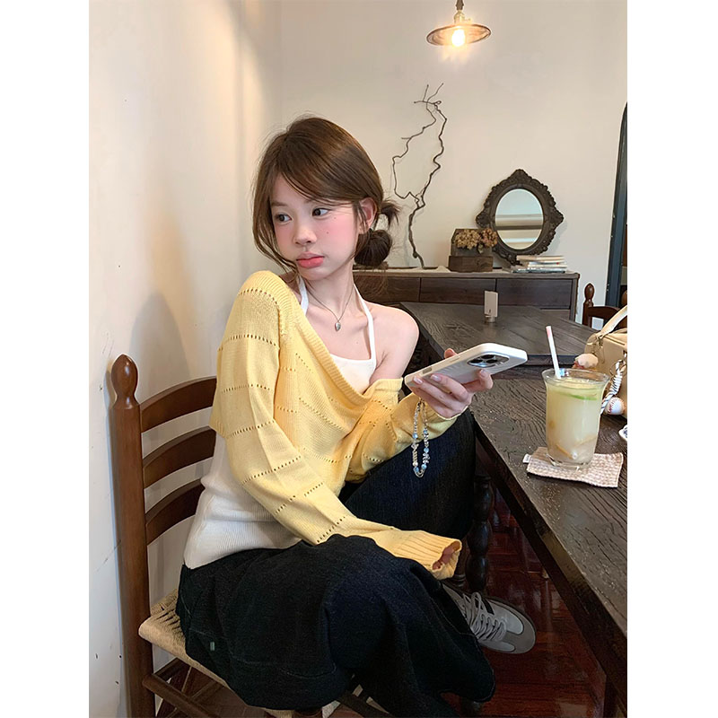 套装韩系ins衣服早秋黄色短款针织罩衫女内搭背心吊带显瘦两件套
