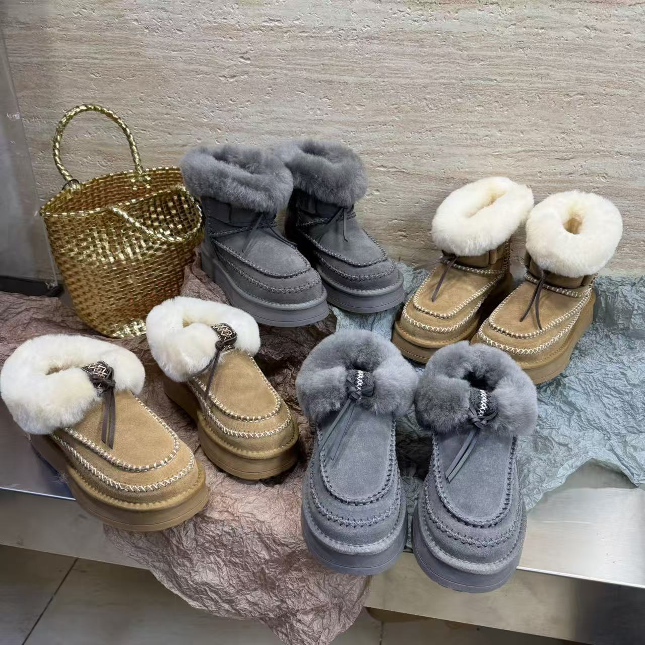 79专柜同款毛口车线懒人雪地靴 桑坡村隆丰皮毛 厚底防滑增高 