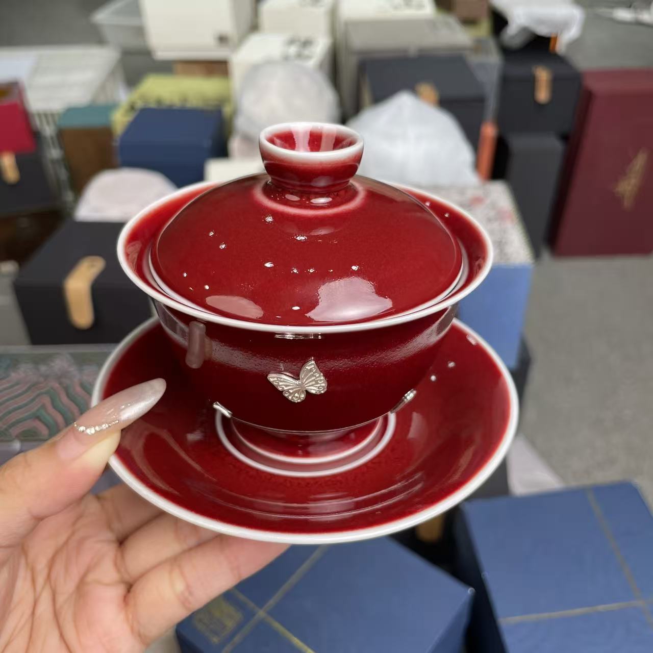 郎红锯钉蝴蝶花瓣盖碗 gh1912