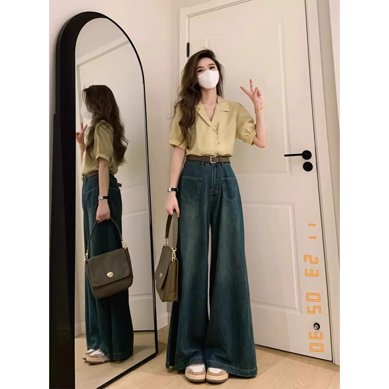 复古阔腿牛仔裤女2024新款秋季港风宽松高腰小个子显瘦直筒拖地裤