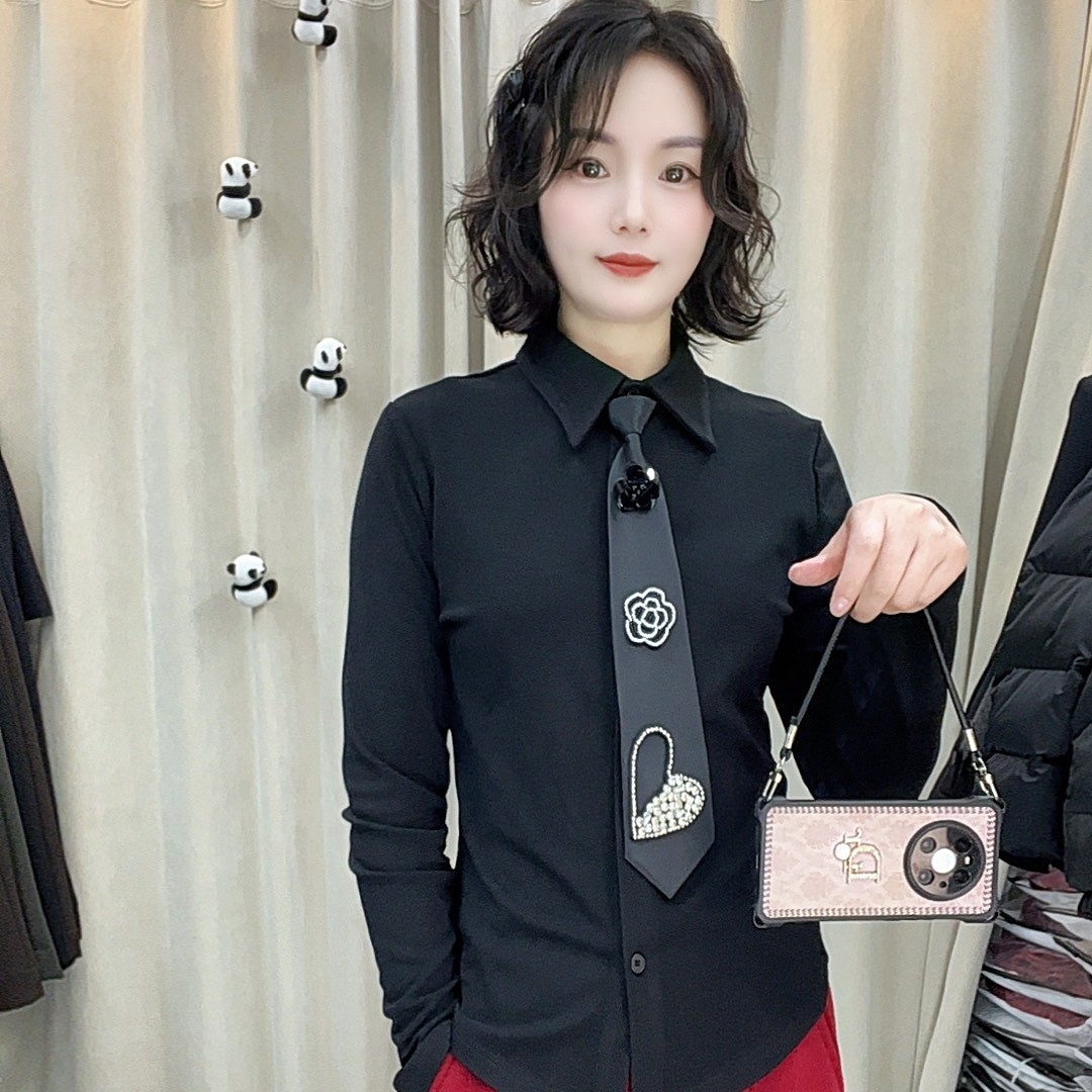 巜好兮好》冬季新款领带设计感加绒修身长袖衬衫6619