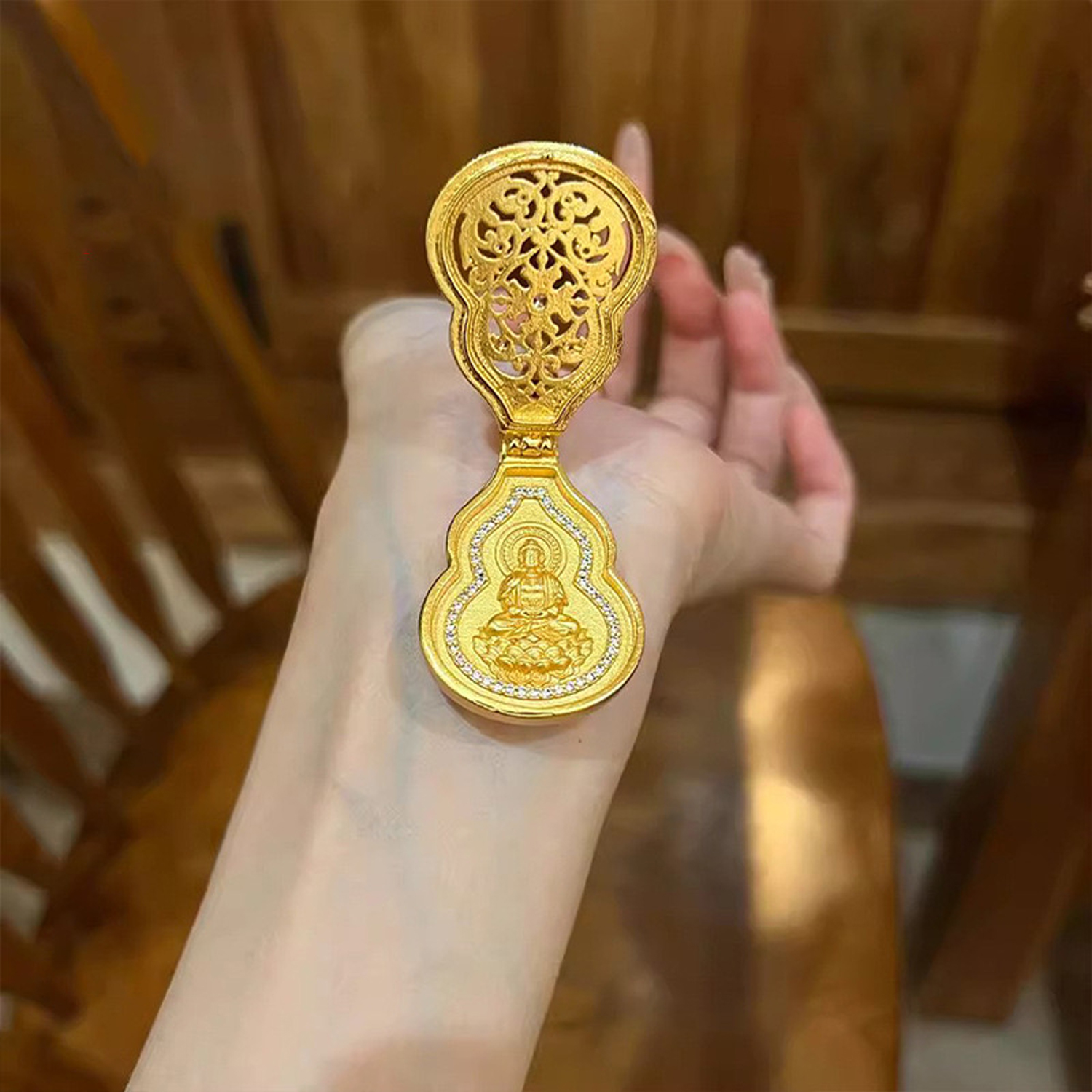 铜合金项链 【高定】古法镂空翻盖随身手工佛葫芦吊坠