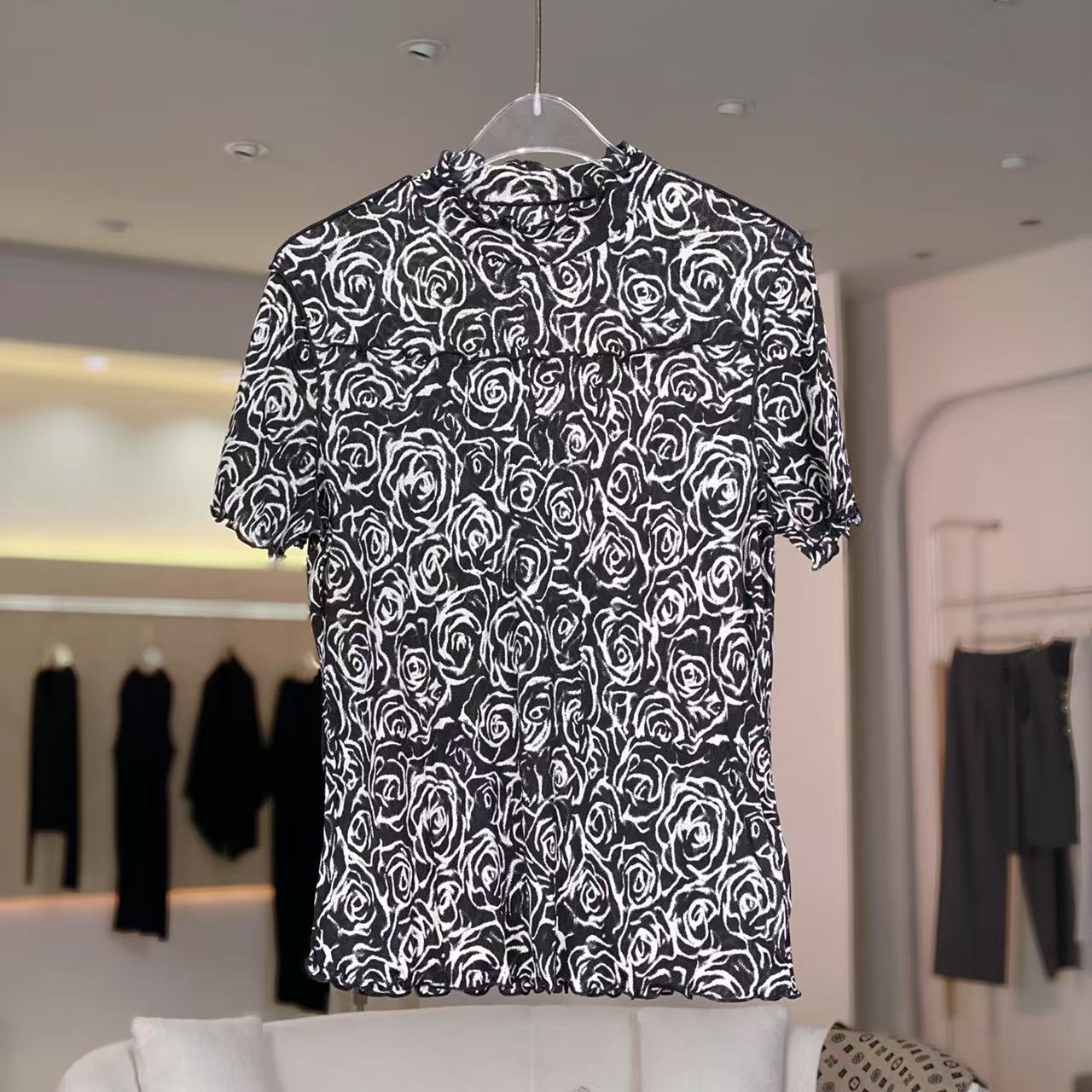 MeraxMer100%针织桑蚕丝气质荷叶边山茶花短袖小衫真丝上衣