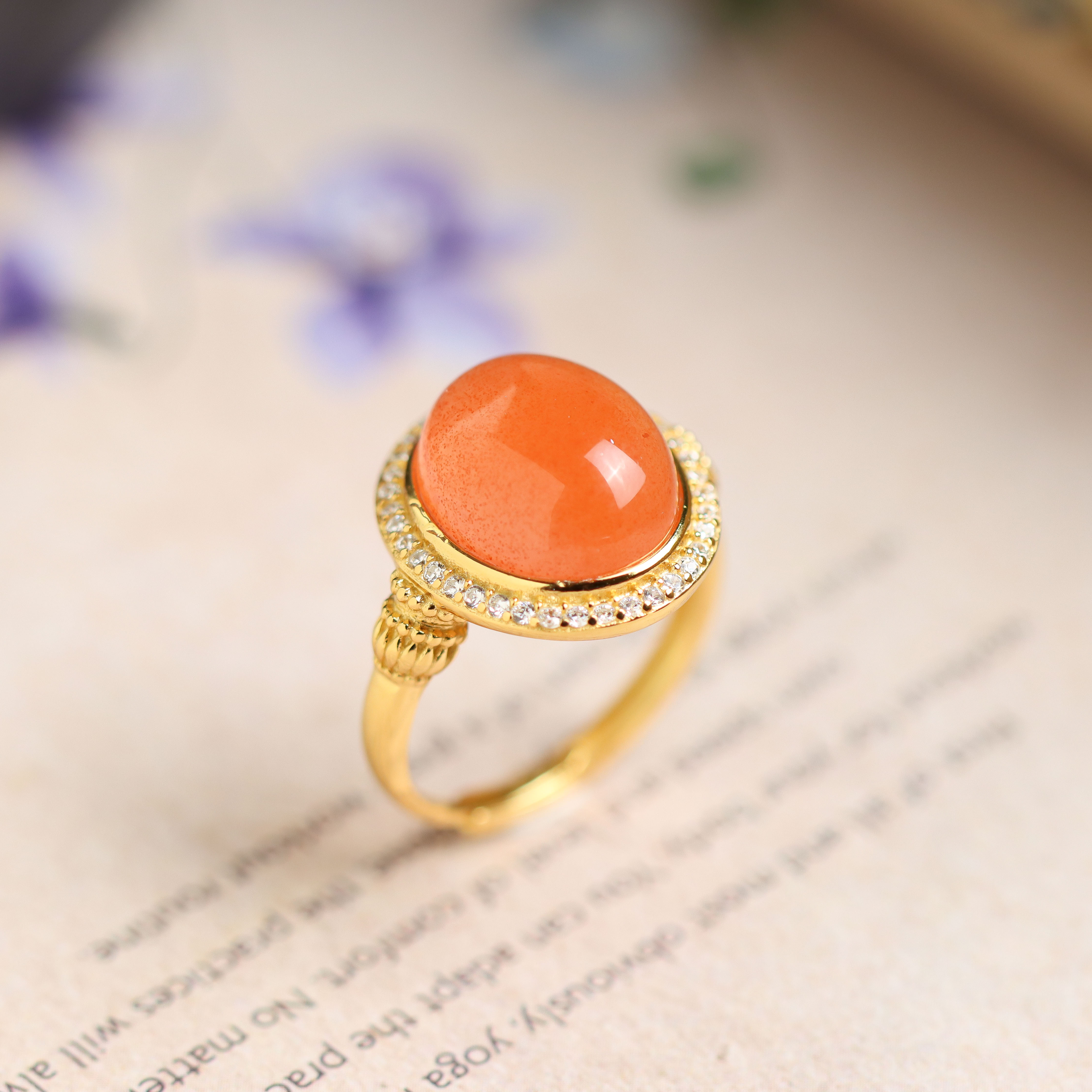 S925银镀金镶嵌南红玛瑙蛋面民族风百搭送礼女款戒指