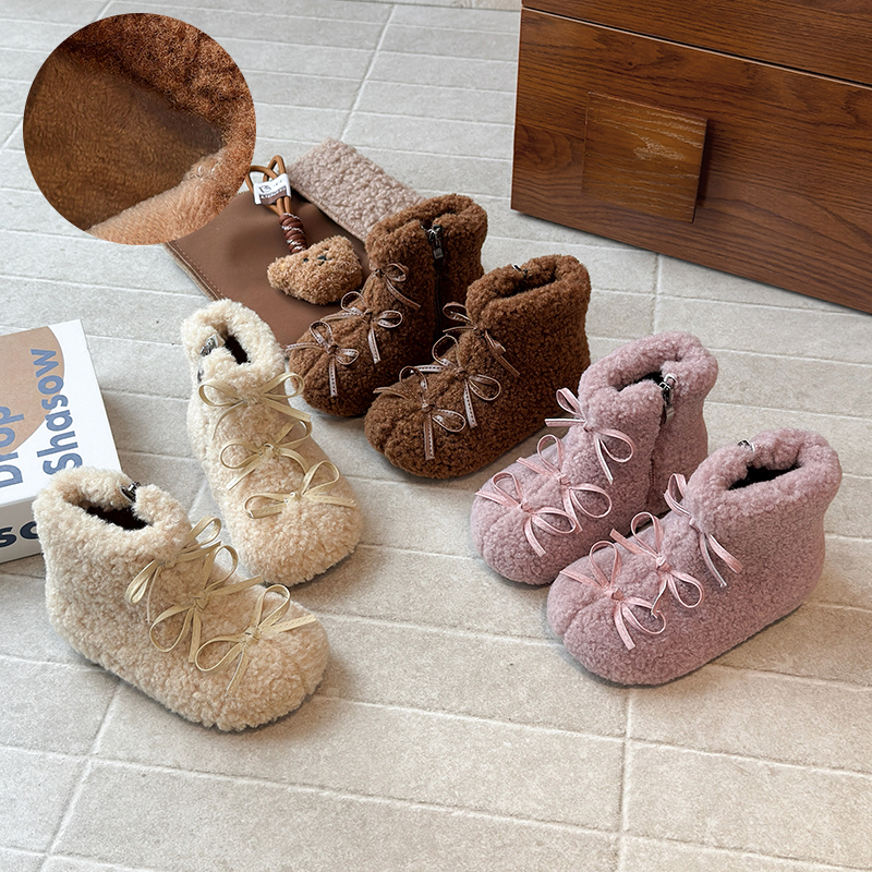 儿童靴子2025冬季女童毛毛蝴蝶结洛丽塔侧拉链棉靴宝宝软底毛毛靴