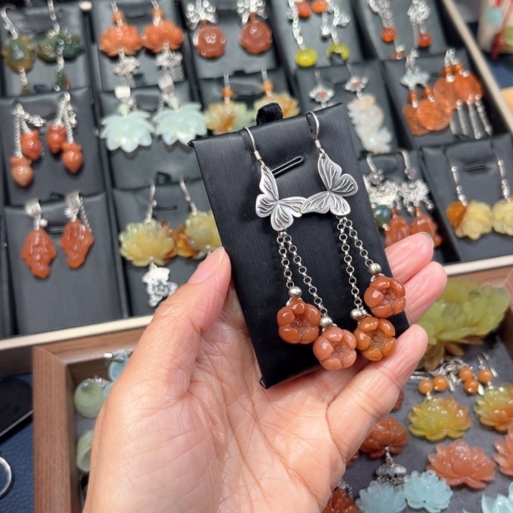 蛇纹石玉耳饰银S925镶嵌