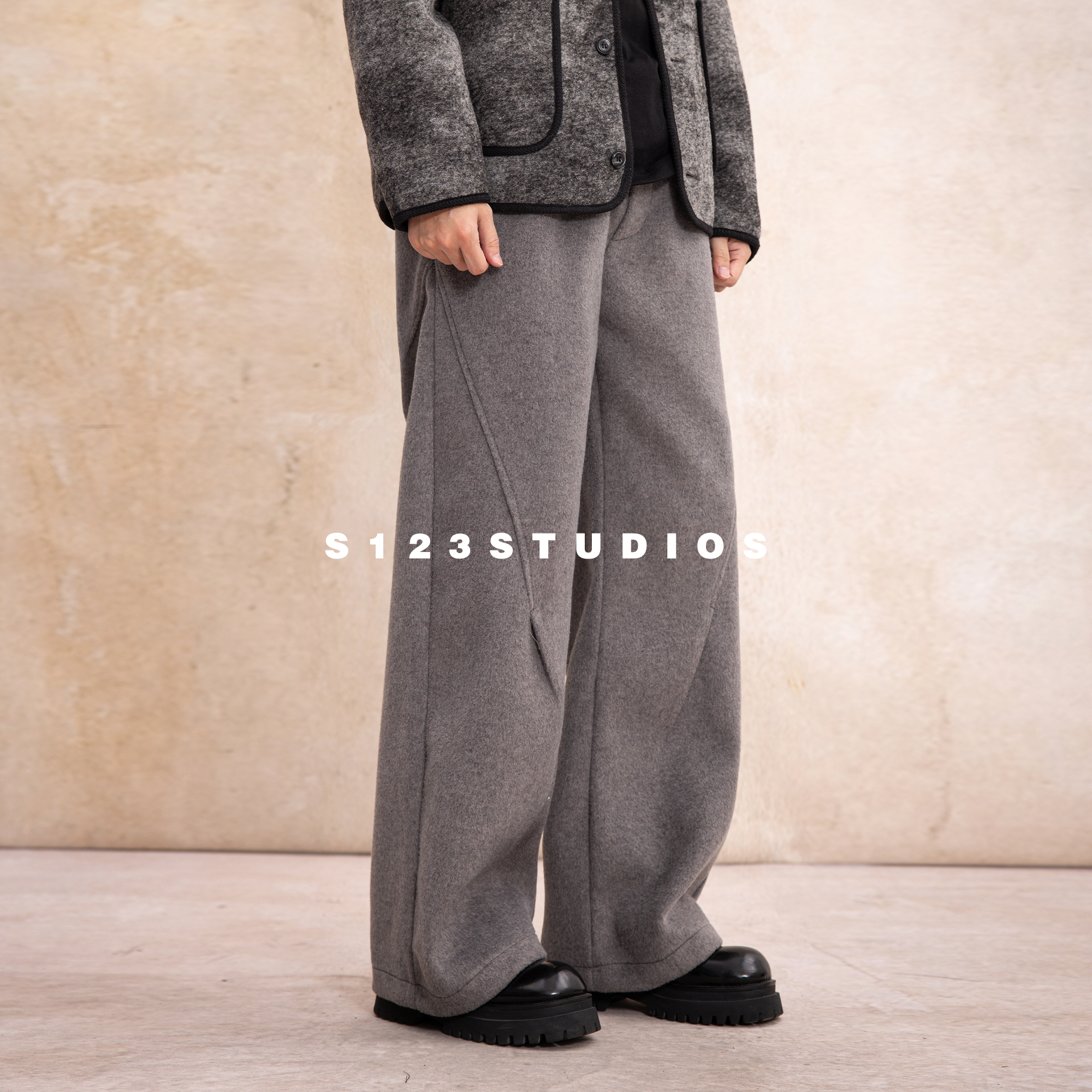 S123重磅900g解构拼接羊毛休闲裤复古毛呢加绒阔腿直筒长裤男女
