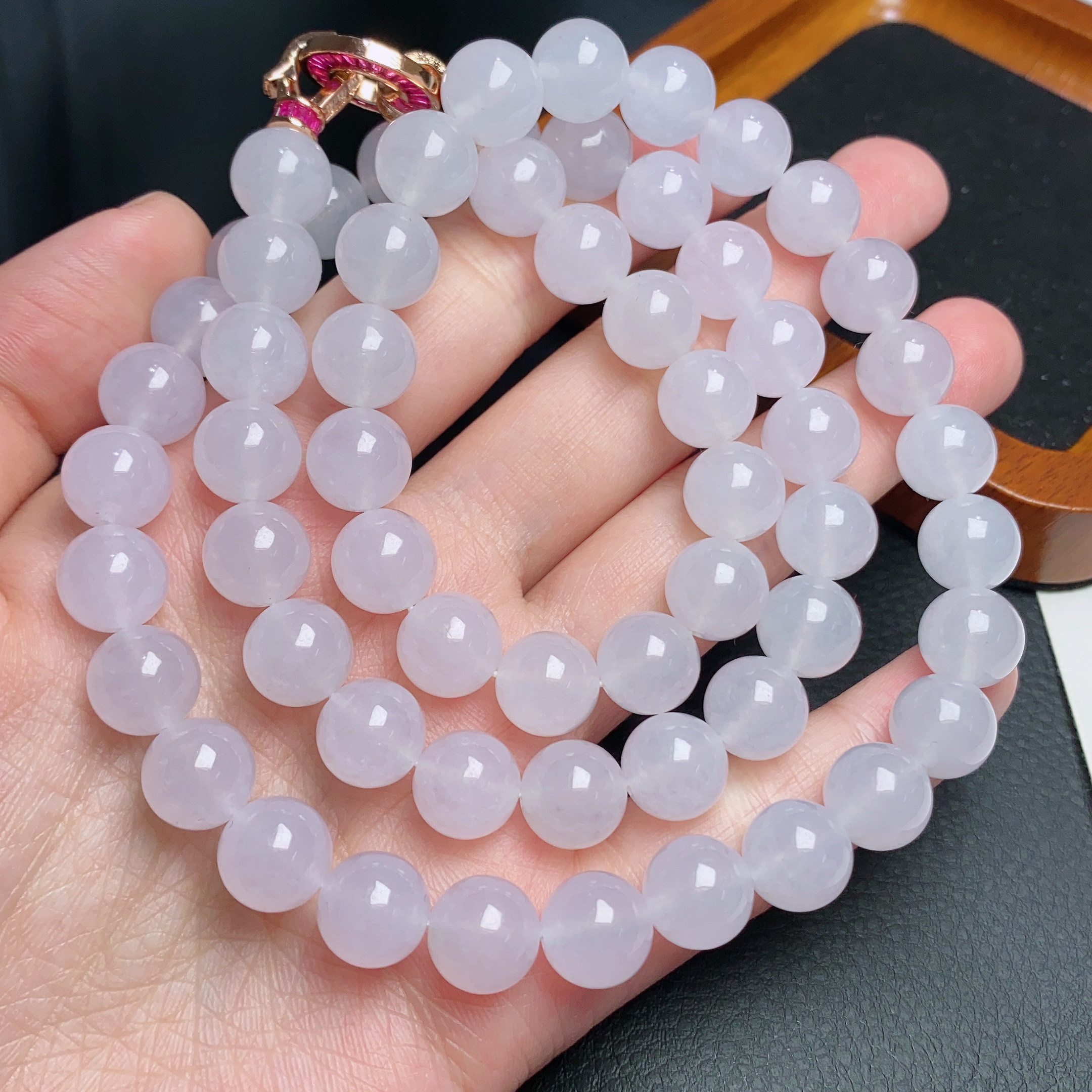 缅甸天然a货翡翠冰种白月光圆珠项链卡10mm冰透素款