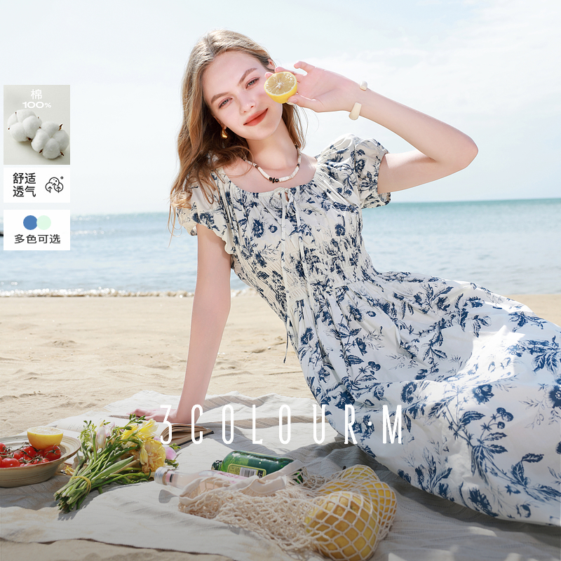 【芋总专属】三彩2025夏季新款纯棉连衣裙印花U领收腰A字裙dbx
