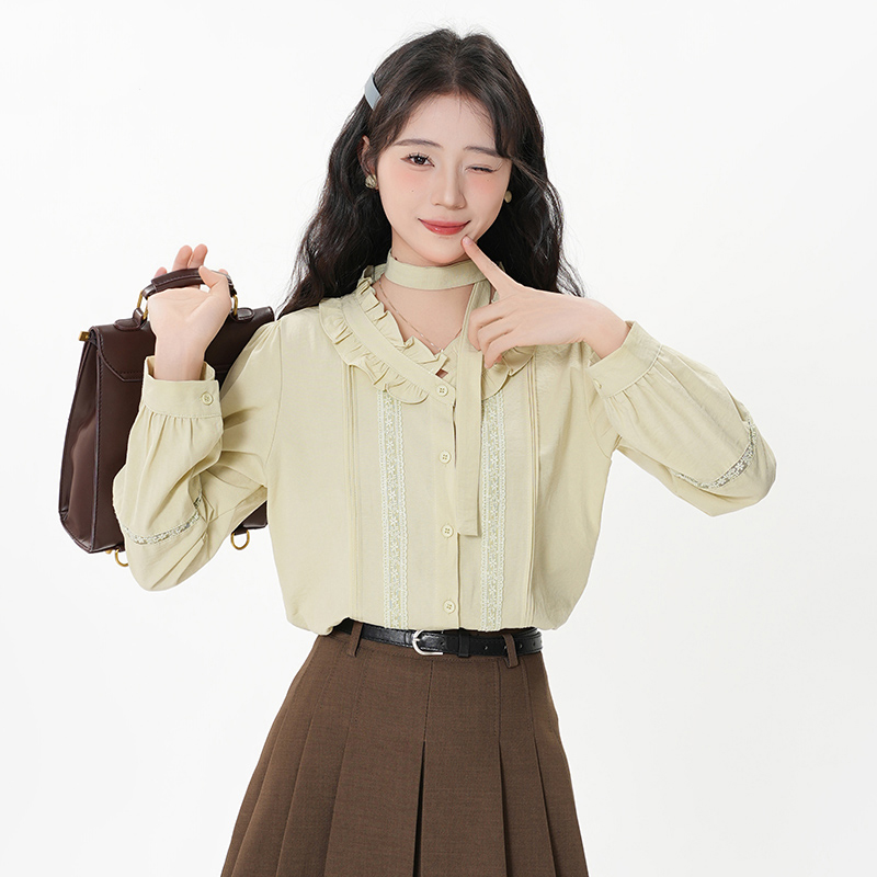 法式气质木耳边V领衬衫女2025春季新款别致独特长袖挂脖上衣