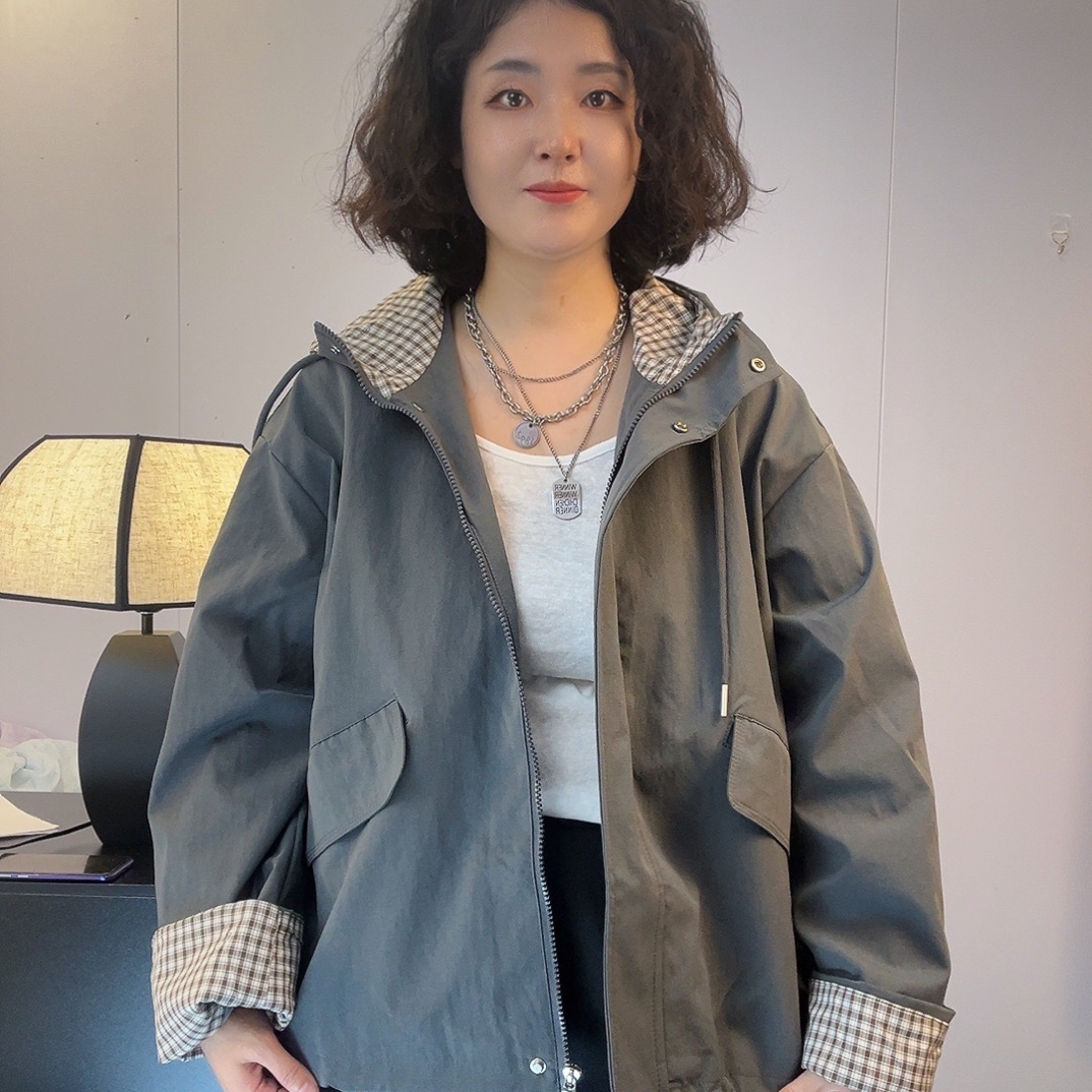 拼接格子常规女连帽休闲风短外套短款撞色春季上衣
