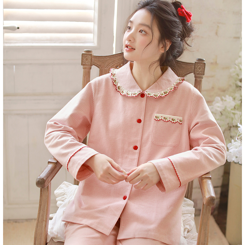 秋冬女士纯棉磨毛睡衣精致刺绣宽松翻领长袖长裤家居服套装25898