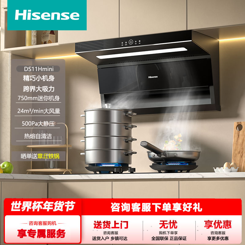 海信油烟机顶侧双吸24风量500Pa静压75cm超窄热熔洗DS11Hmini