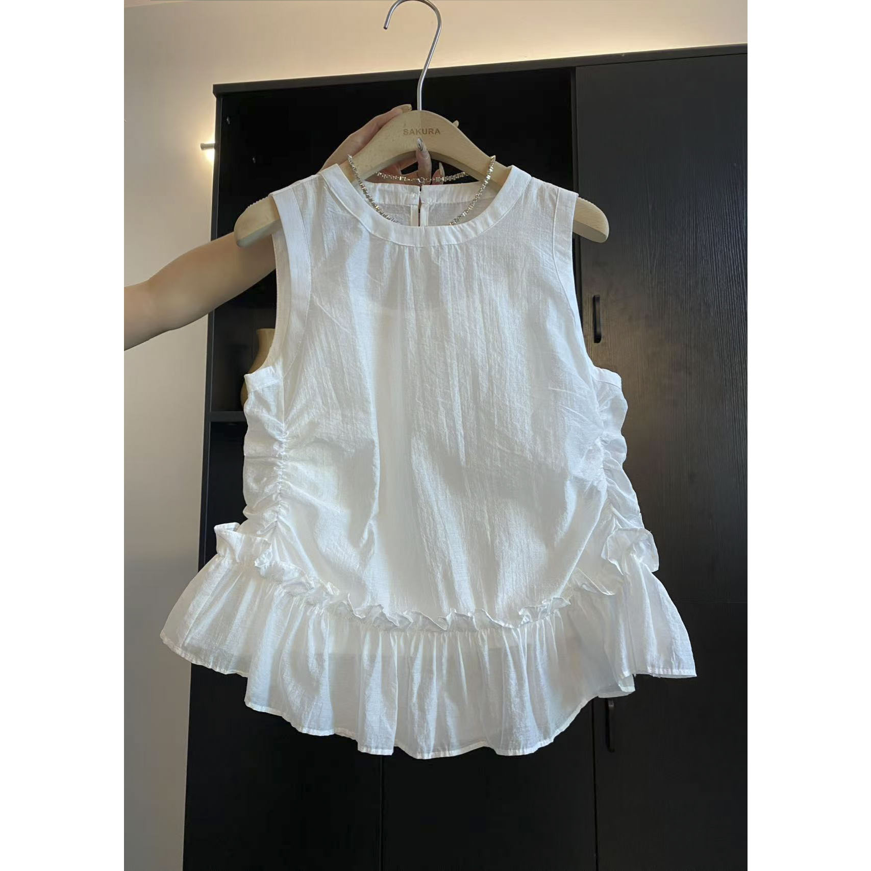 璎婲sᴀᴋᴜʀᴀ【浅林素光】图圆领褶皱花边带吊带两件套无袖背心衬衫