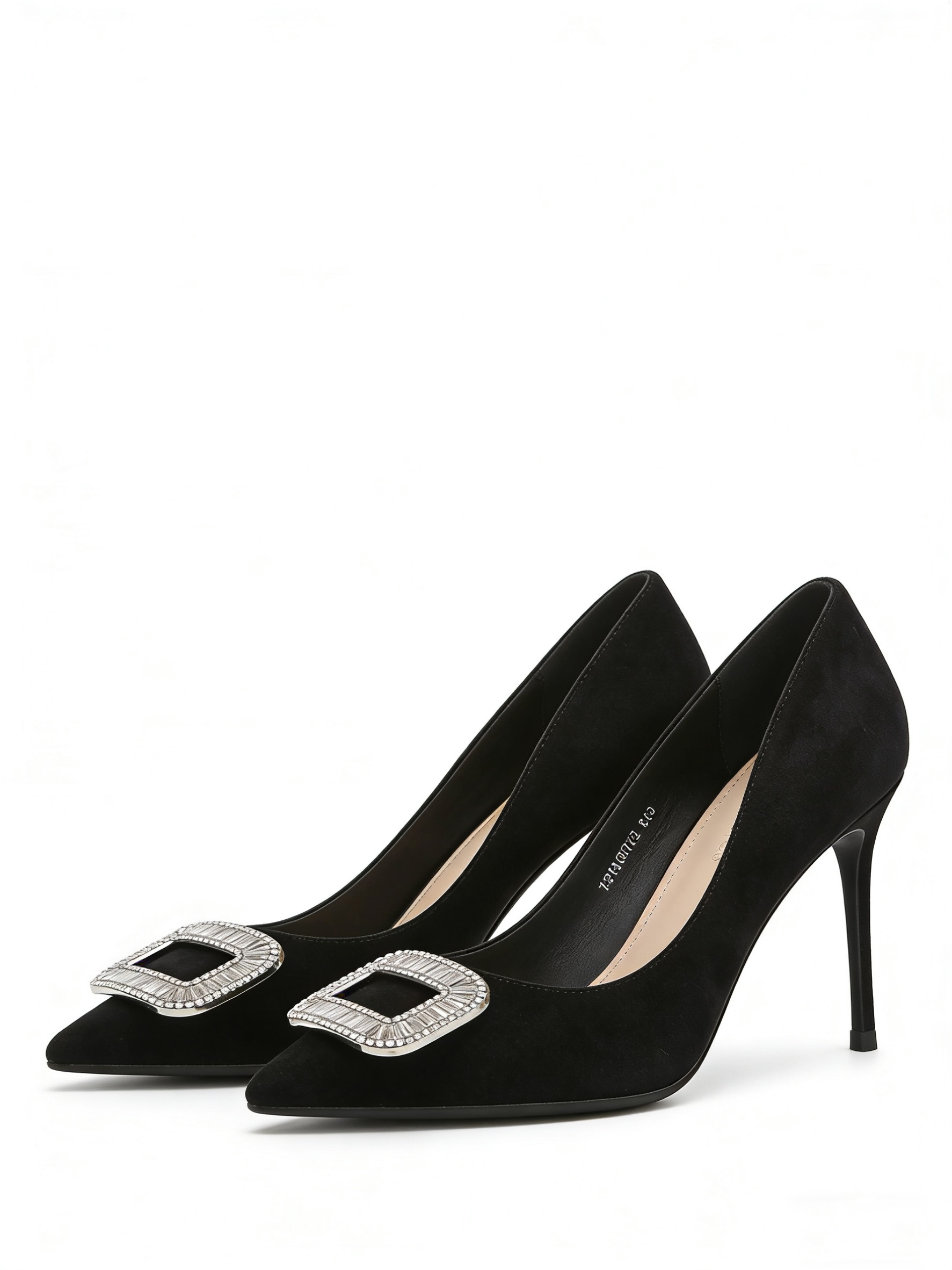 MBRVSW2025秋冬新款黑色绒面方扣水钻尖头细跟高跟鞋职业百搭女鞋